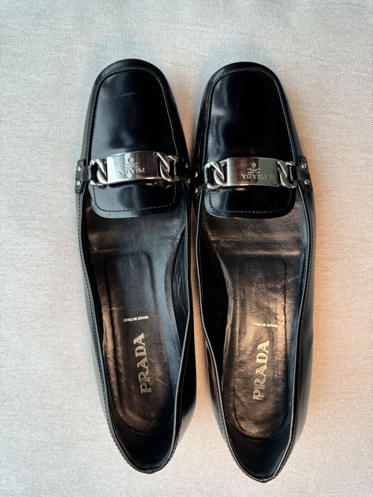 Prada Silver Chain leather black ballet flats