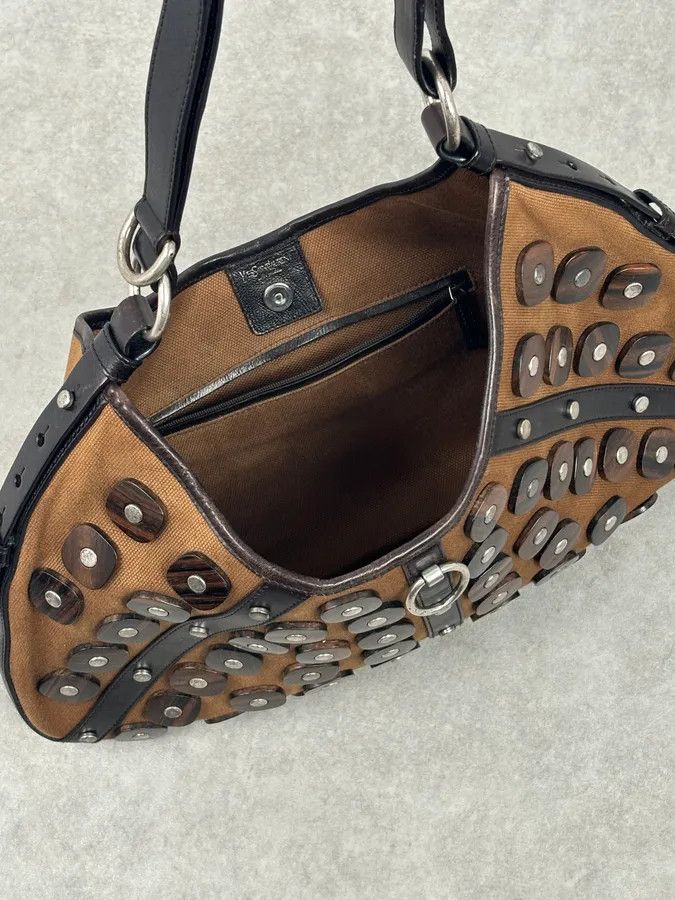 Yves Saint Laurent Yves Saint Laurent Brown Leather Wood Studded Shoulder Bag Size ONE SIZE - 10 Thumbnail