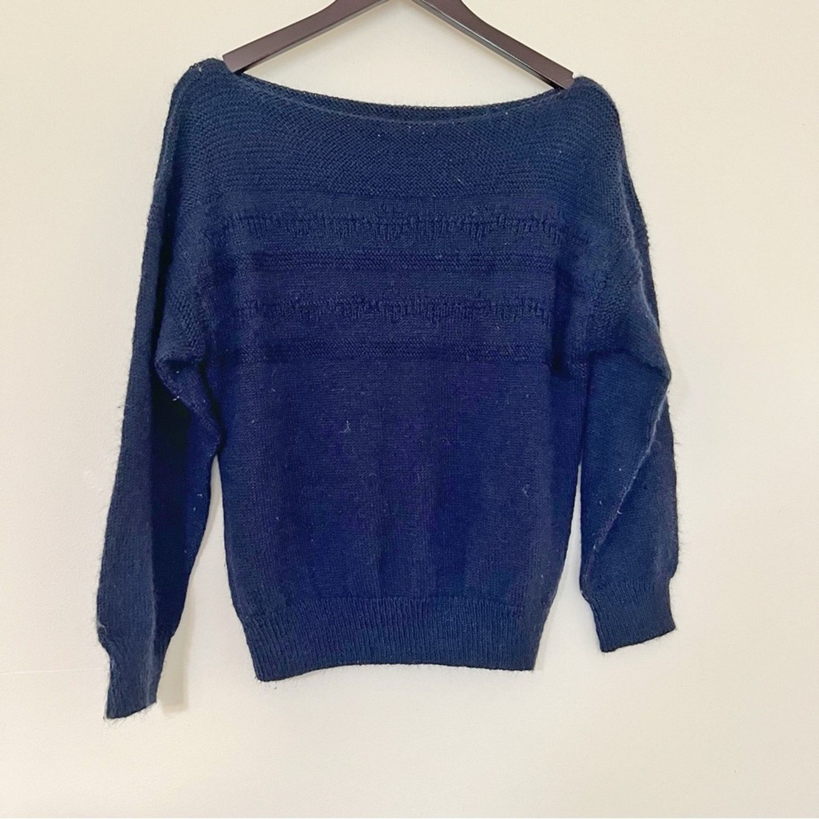 Vintage Hand Knit Wool Blend Navy Blue Sweater Size M / US 6-8 / IT 42-44 - 2 Thumbnail