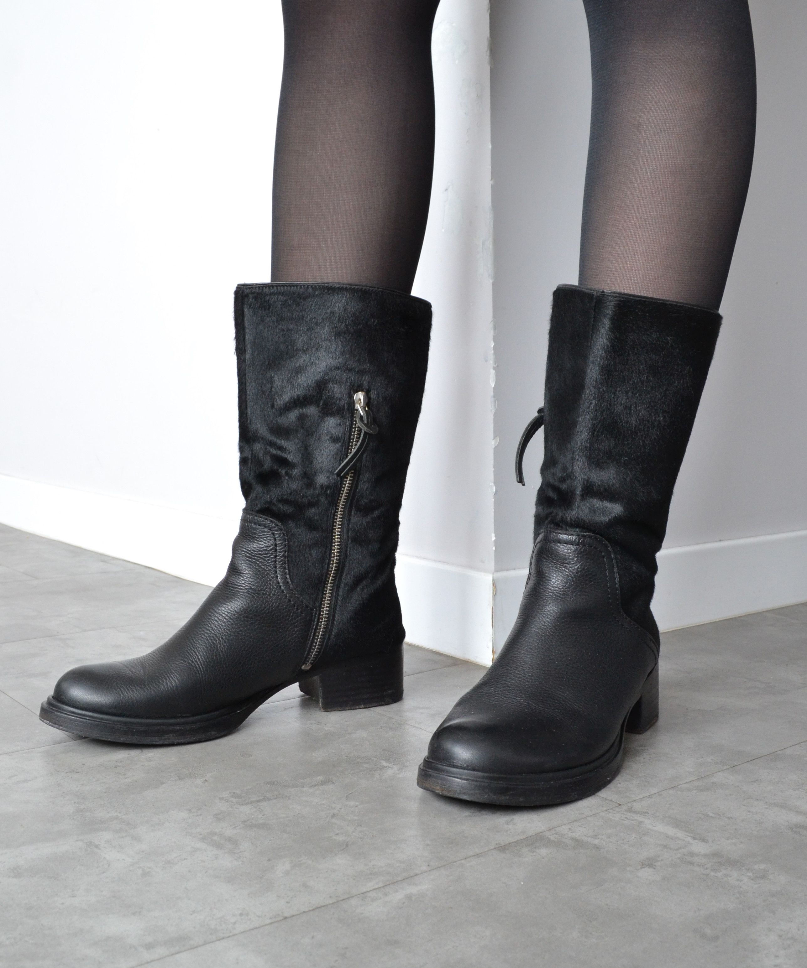 All Blacks x Miu Miu Boots Black Leather Calf Hair Peco Shoes Zip 39, Women's