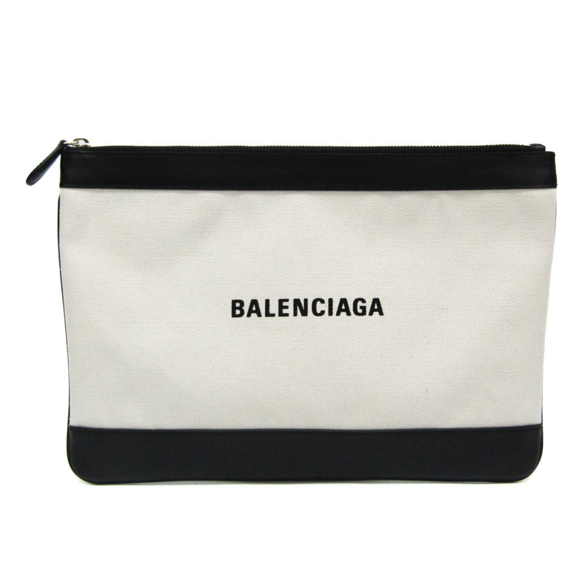 Balenciaga NAVY CLIP M 420407 Women's CanvasLeather Clutch Bag BlackCream