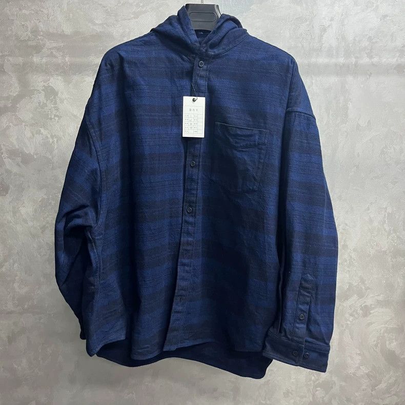 Balenciaga Blue Plaid Detail Hooded Long Sleeve Shirt Size US M / EU 48-50 / 2 - 1 Thumbnail