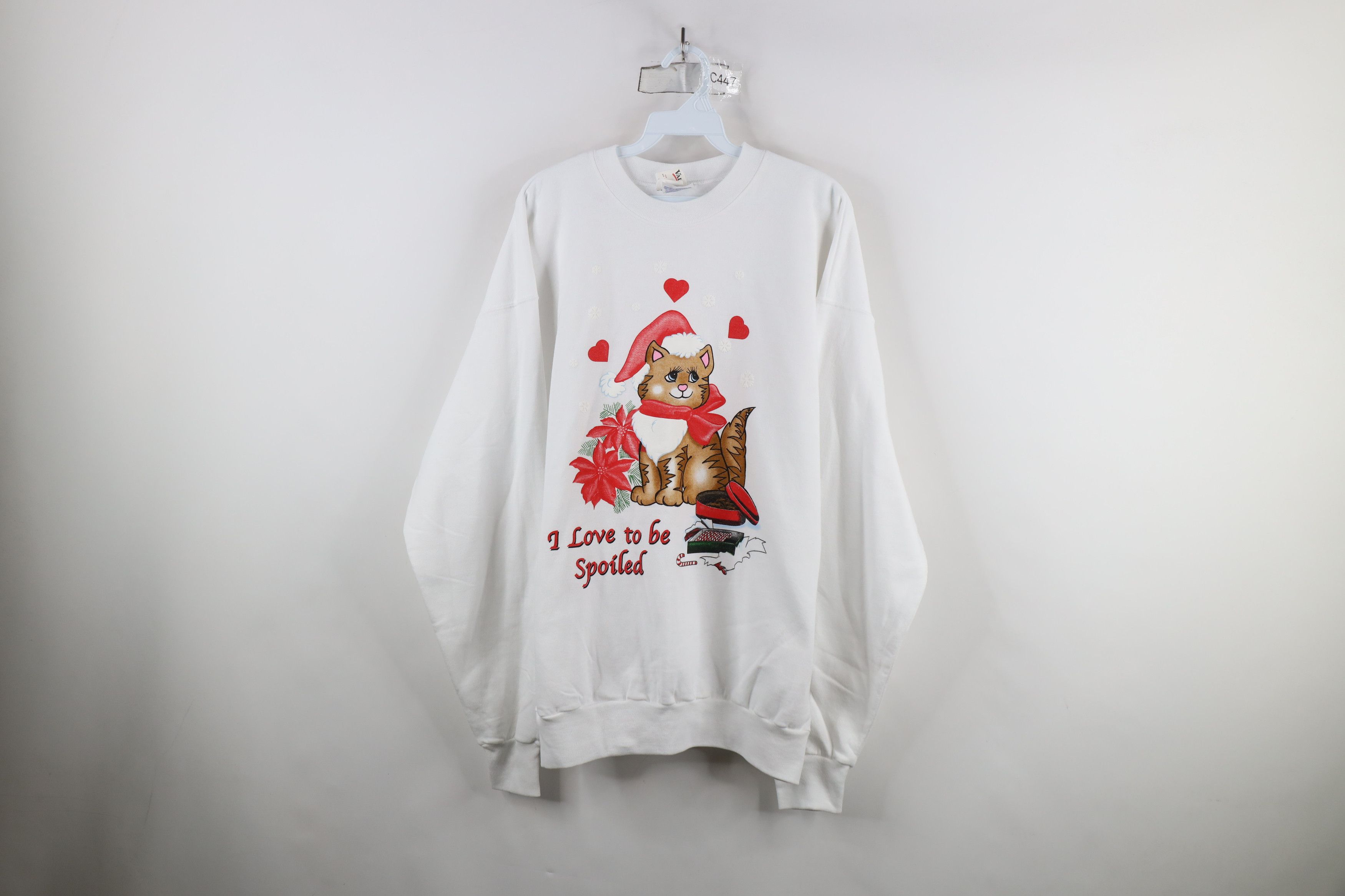 Vintage Deadstock Vintage 90s Christmas Cat Kitten Heart Sweatshirt Size L / US 10 / IT 46 - 1 Thumbnail