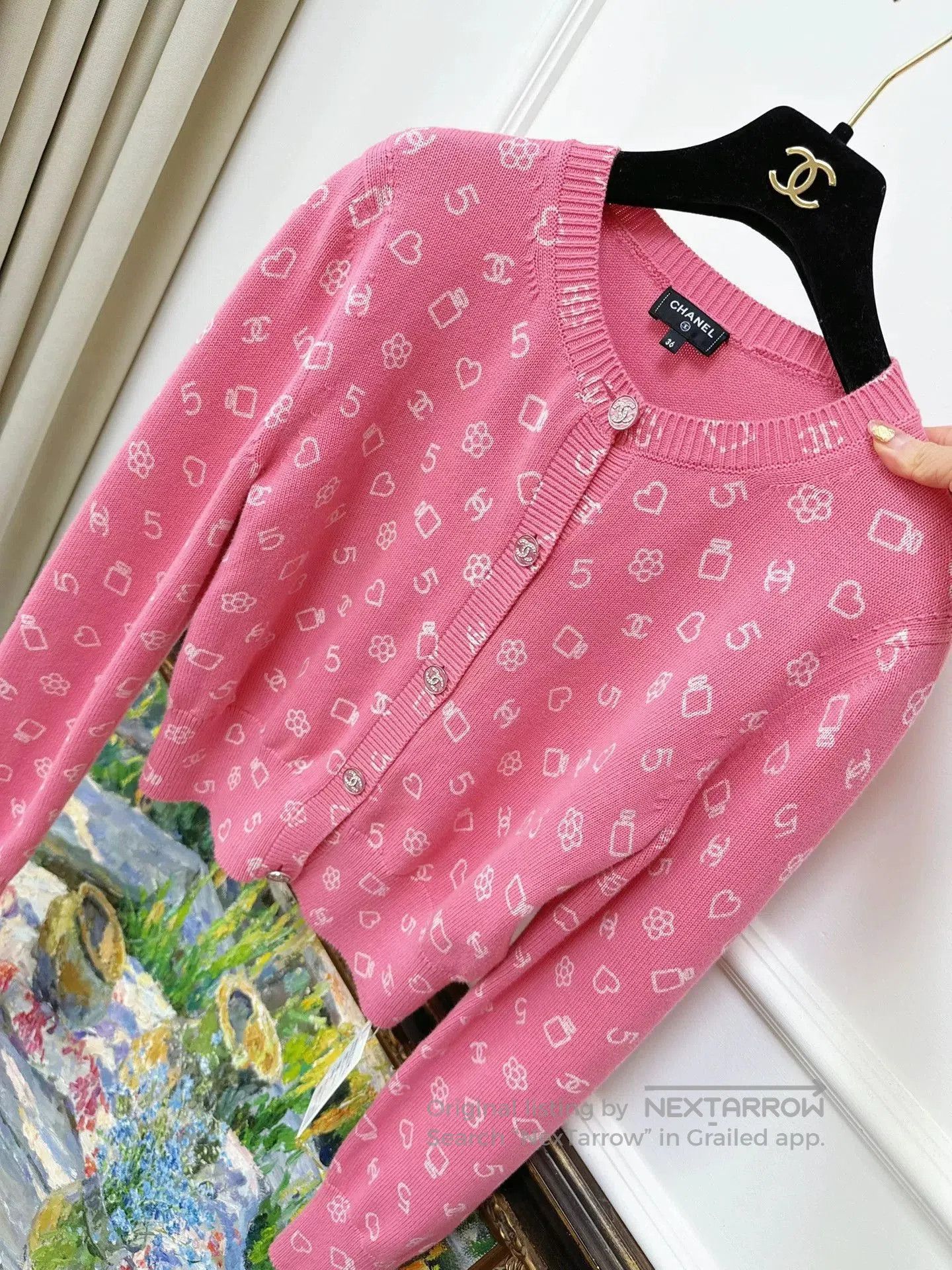 Chanel pink and white patterned knit cardigan. Size US S / EU 44-46 / 1 - 4 Thumbnail