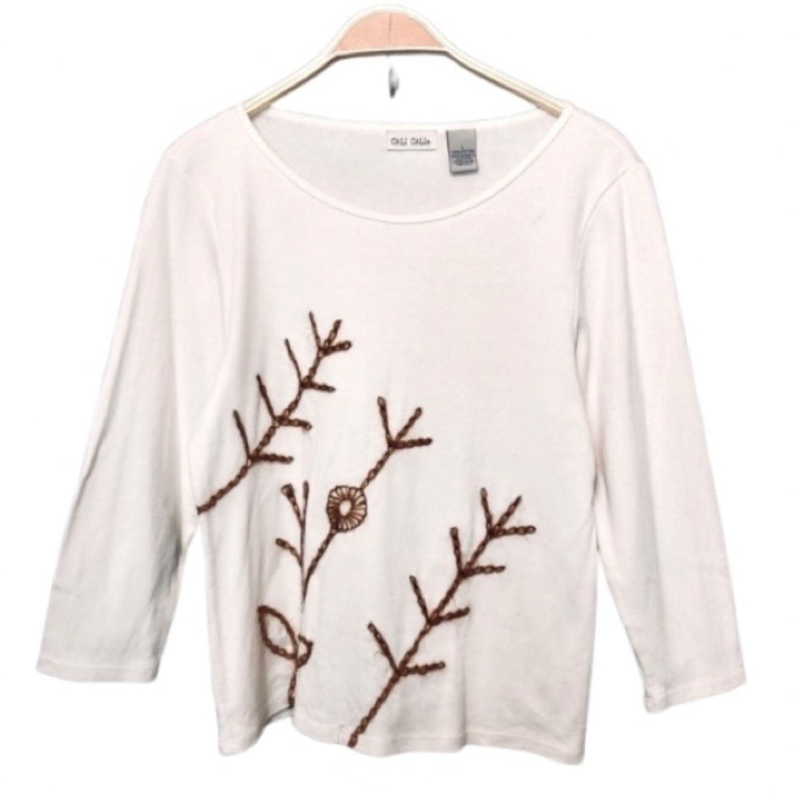 Other Cali Cali Ivory White Embroidery Floral Botanical Blouse Top Size L / US 10 / IT 46 - 1 Thumbnail