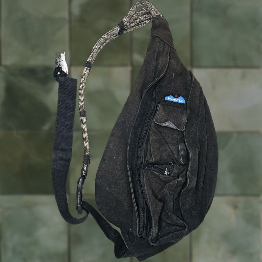 Kavu Rope Sling Bag Crossbody Large Black Canvas Backpack Hiking Travel Women