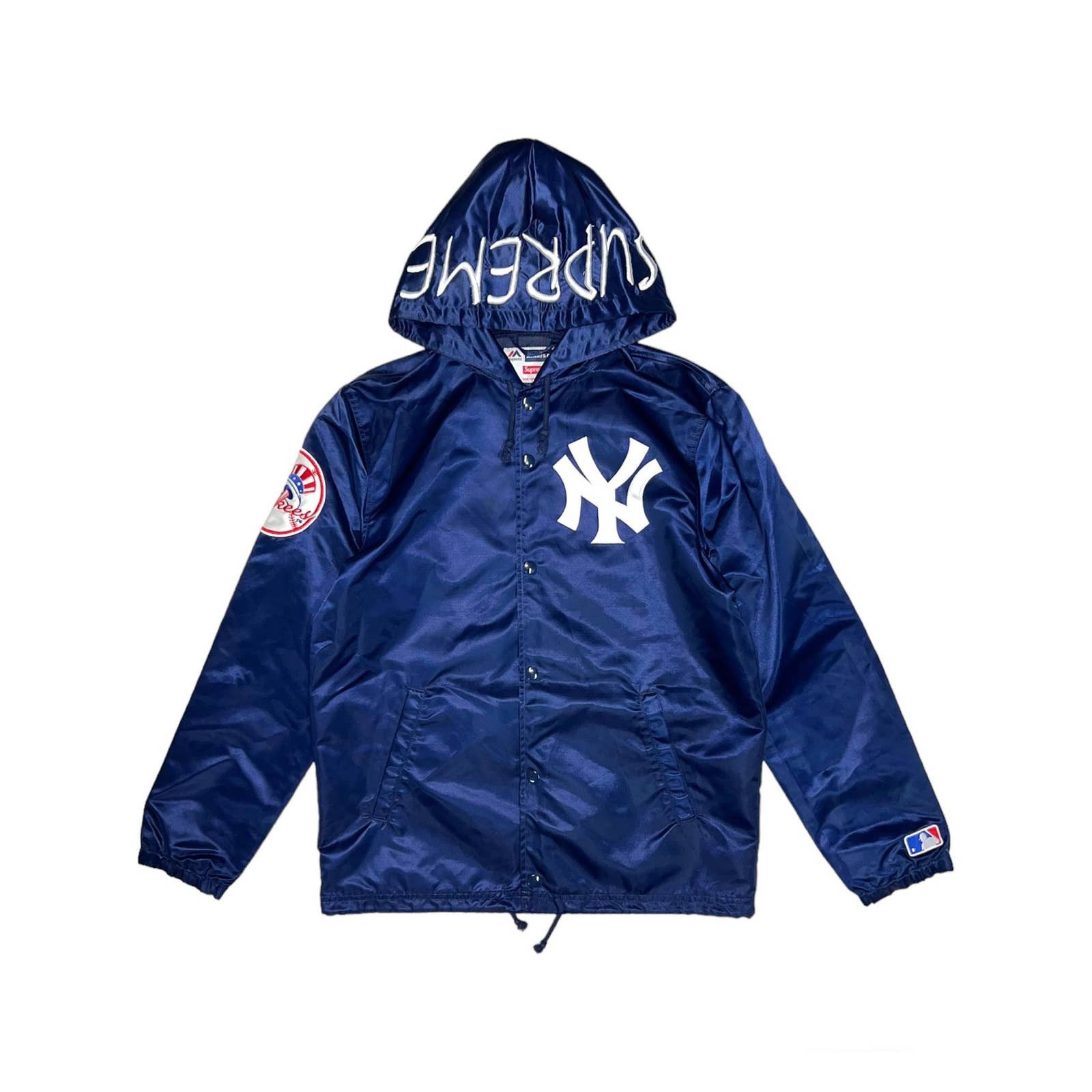 image of Supreme X Yankees Mlb Satin Hooded Coaches Jacket in Blue, Men's (Size Small)