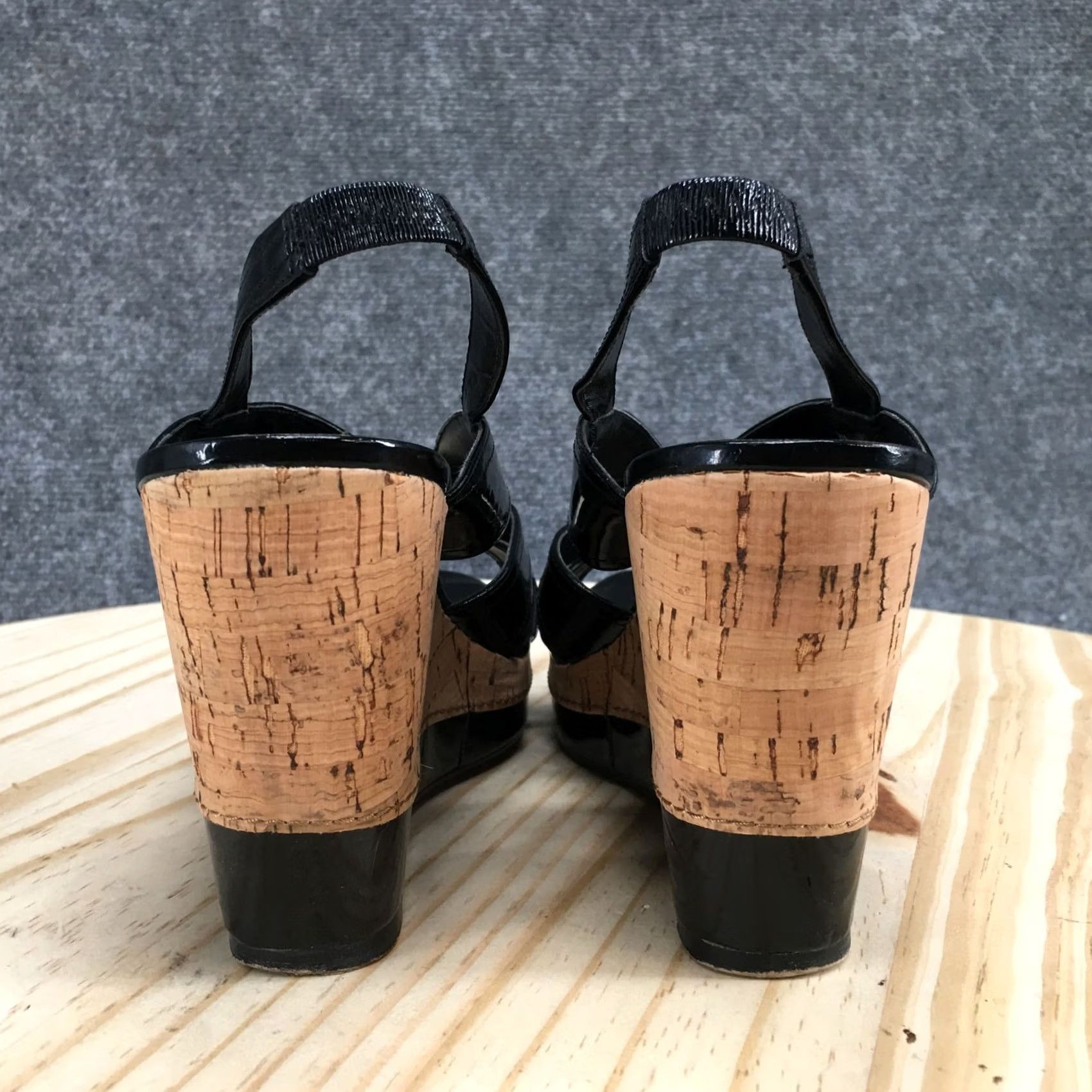 Vintage IMPO Sandals Women’s 8 M Warwick Wedge Slingback Black Faux Leather Cork Casual Size US 8 / IT 38 - 7 Thumbnail