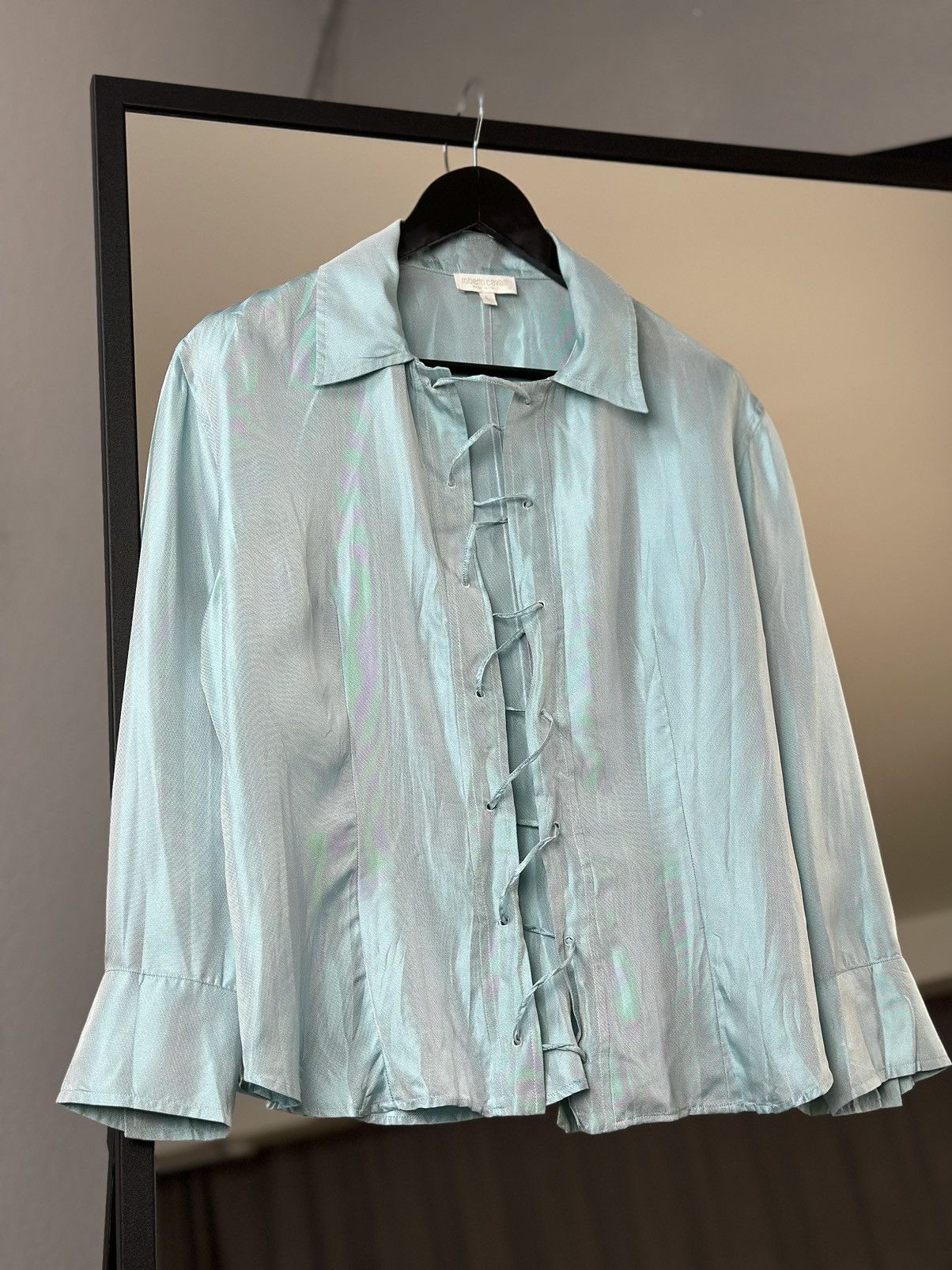 Just Cavalli Roberto Cavalli Silk Blouse Stone Embellished Designer BLUE Size L / US 10 / IT 46 - 3 Thumbnail