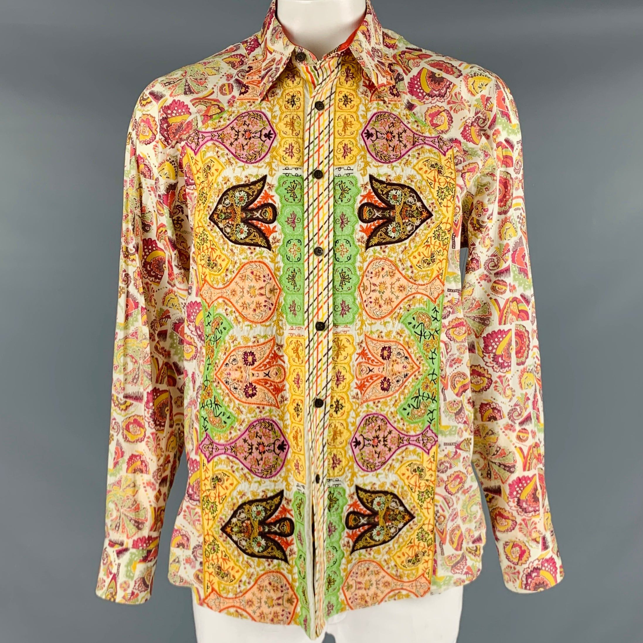 image of Robert Graham Orange Multi Color Print Cotton Long Sleeve Shirt, Men's (Size XL)