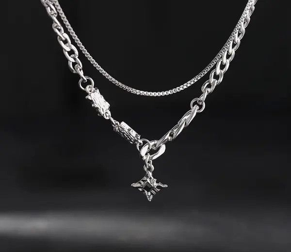 Jewelry Silver Layered Chain Necklace with Black Gem Pendant Size ONE SIZE - 6 Thumbnail