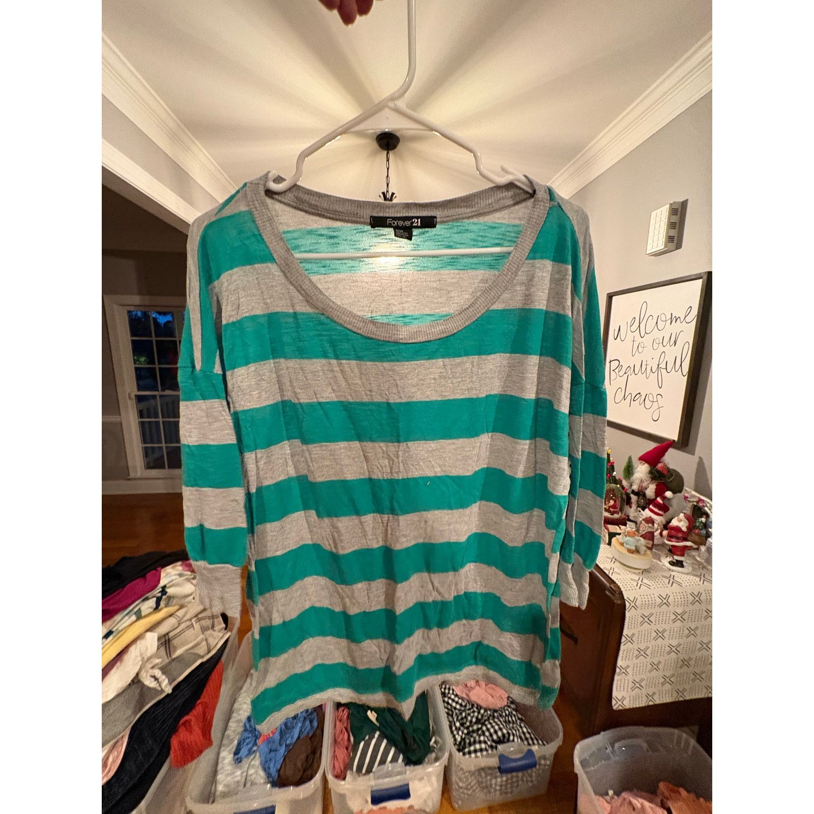 Forever 21 Forever 21 Women’s Medium Teal Gray Striped 3/4 Sleeve Size M / US 6-8 / IT 42-44 - 2 Thumbnail