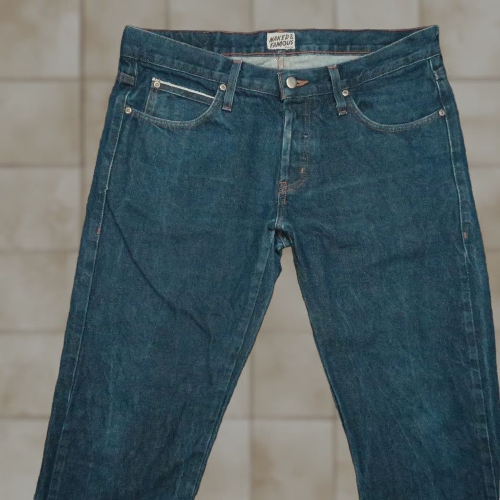 Vintage Naked & Famous Denim Jeans Mens 34x31 Indigo Revival Selvedge Button Fly Slim Straight 5-Pocket Size US 34 / EU 50 - 1 Thumbnail