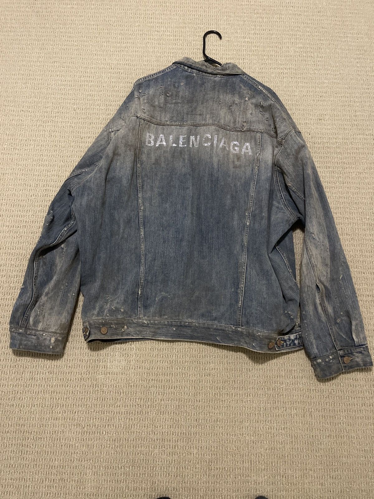 Balenciaga 2024 distressed crystal embellishment logo denim jacket Size US XL / EU 56 / 4 - 1 Thumbnail