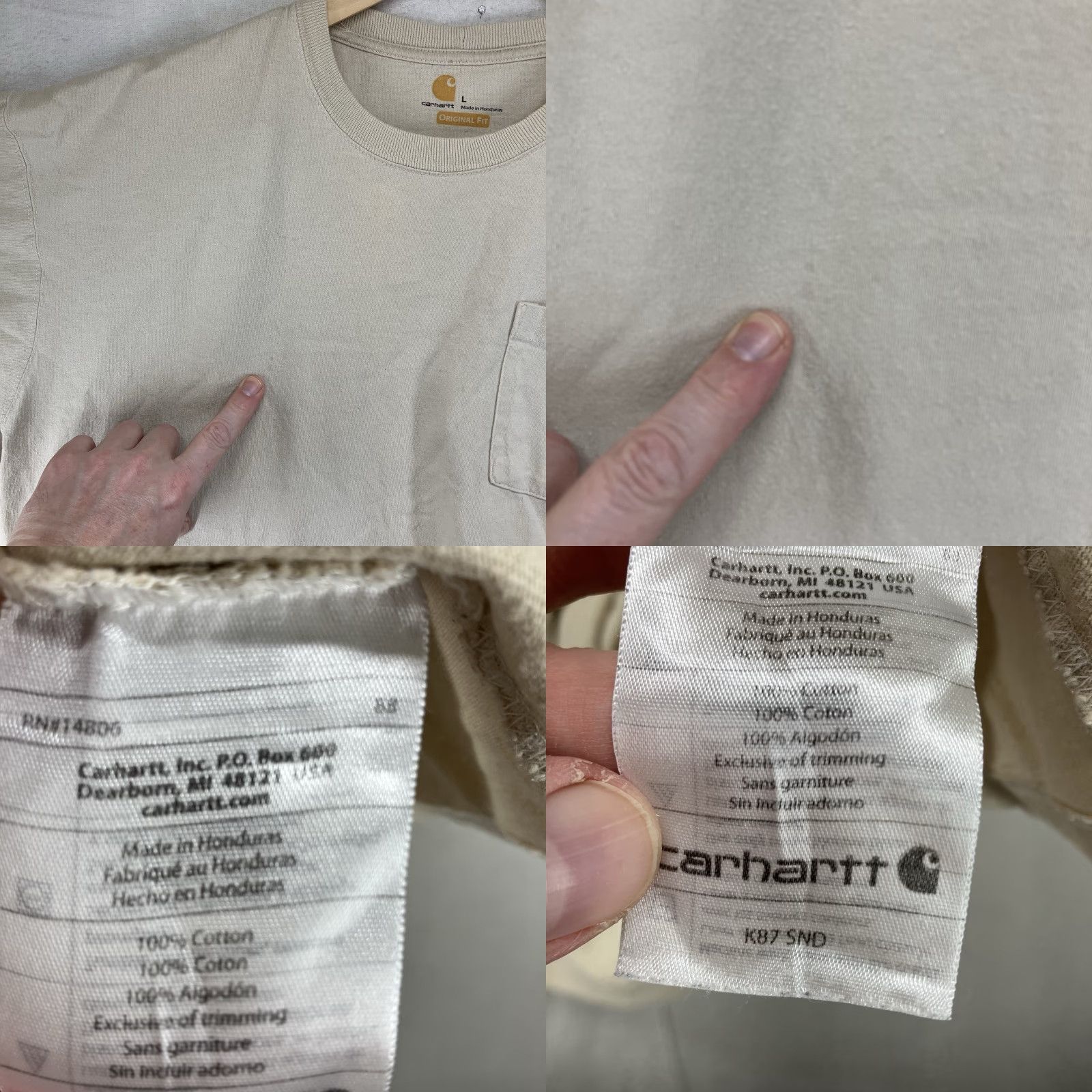 Carhartt Carhartt Mens T-Shirt Beige L Crew Neck Heavy Cotton Pockets Logo Embroidered Regular Fit Short Sleeve Solid 2010s Vintage: No Size US L / EU 52-54 / 3 - 8 Thumbnail