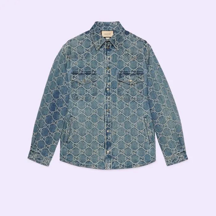 Gucci o1loc1c0226 713911 GG Jacquard Denim Shirt in Blue Size US M / EU 48-50 / 2 - 1 Thumbnail