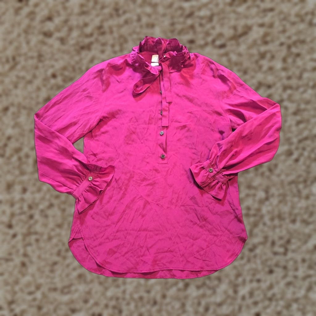 J.Crew J.CREW Blouse Shirt Womens Size 0 Pink Silk Blend Ruffle Neck Long Sleeve Cap Size XS / US 0-2 / IT 36-38 - 1 Thumbnail