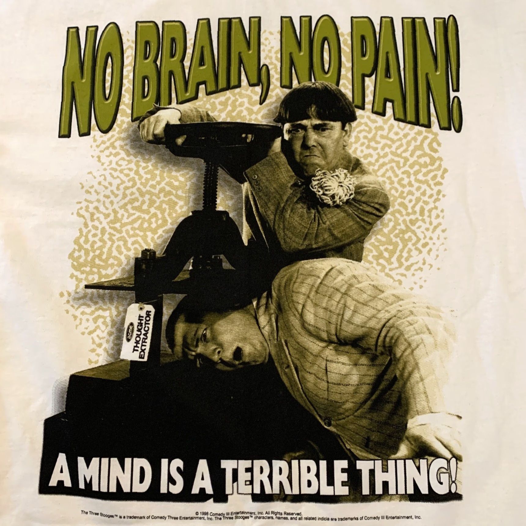 Fruit Of The Loom VINTAGE 1998 Three Stooges No Brain No Pain Graphic Tee Men’s Large White Retro Size US L / EU 52-54 / 3 - 2 Thumbnail