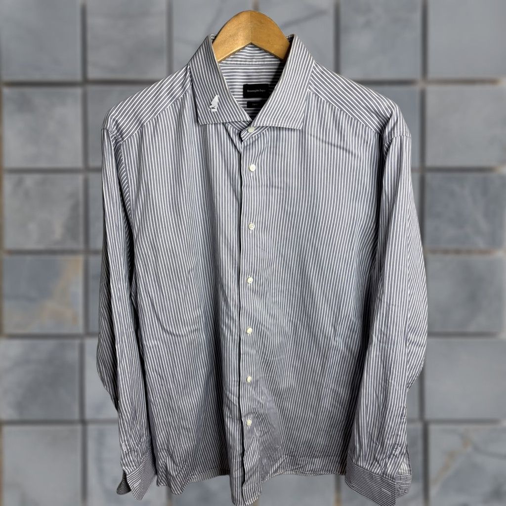 Ermenegildo Zegna VINTAGE Ermenegildo Zegna Shirt Mens XL Blue White Striped Trofeo Dress Italy Size 48R - 1 Thumbnail