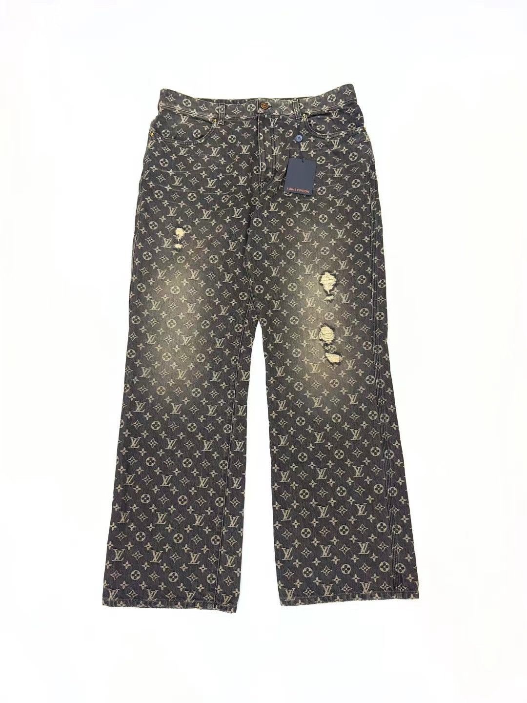 image of Louis Vuitton Grey Monogram Distressed Baggy Denim in Black, Men's (Size 38)