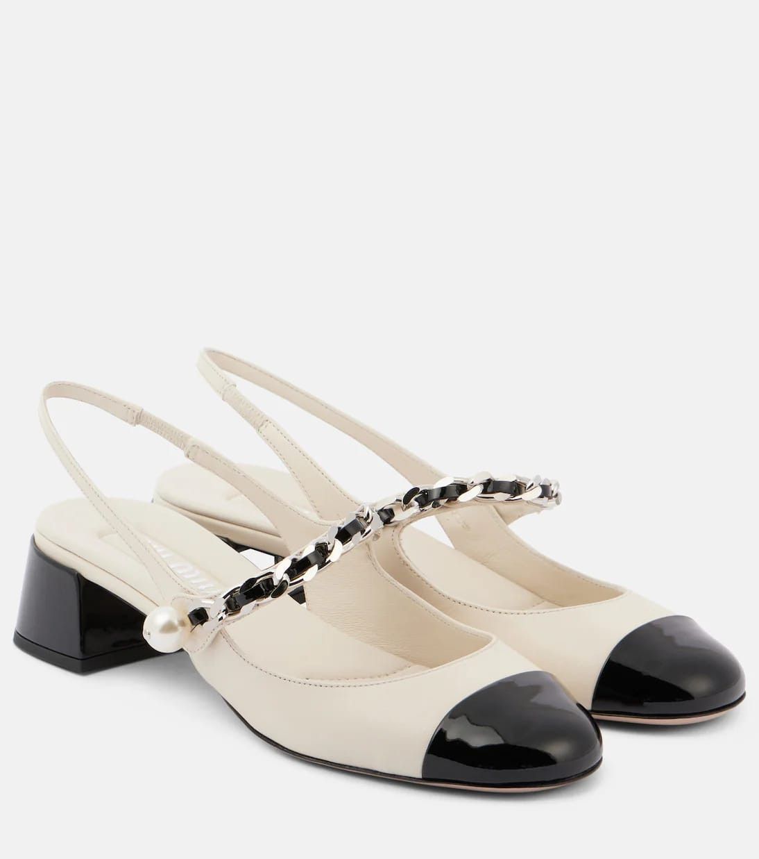 Miu Miu o1B3y1r0526 Embellished Leather Slingback Pumps Ivory/Black Size US 8 / IT 38 - 1 Thumbnail