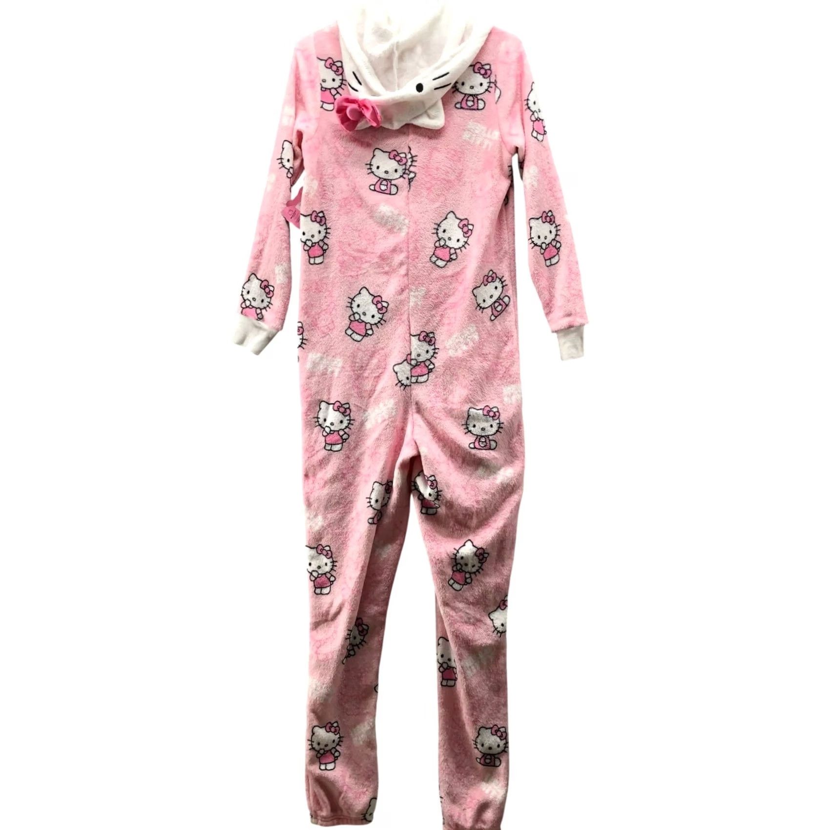 Vintage Hello Kitty Jumpsuit Womens XS Pink Plush Union Suit Pajama Hooded One Piece Size 26" / US 2 / IT 38 - 2 Thumbnail