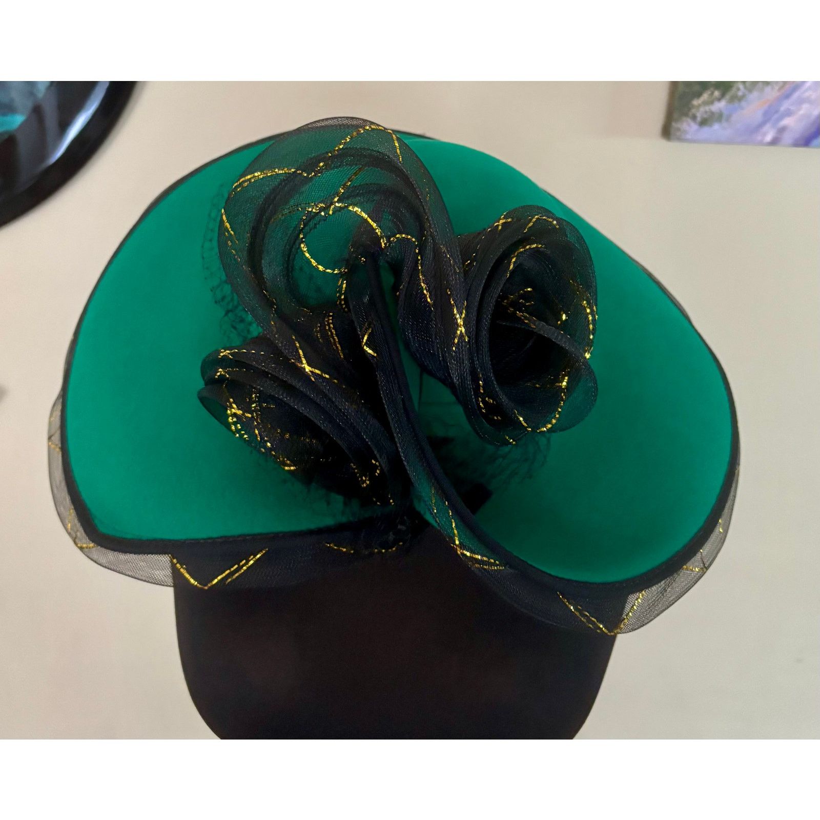 Vintage Sandra of New York Hunter Green Wool Black Tulle Vintage Hat Size ONE SIZE - 5 Thumbnail