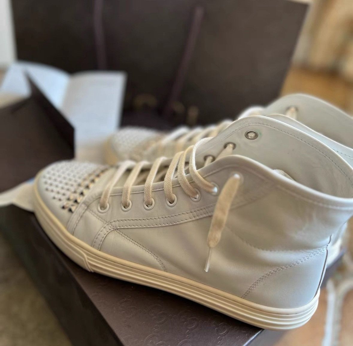 Gucci Gucci White Round Toe Studded High-Top Sneakers Size US 5.5 / IT 35.5 - 1 Thumbnail