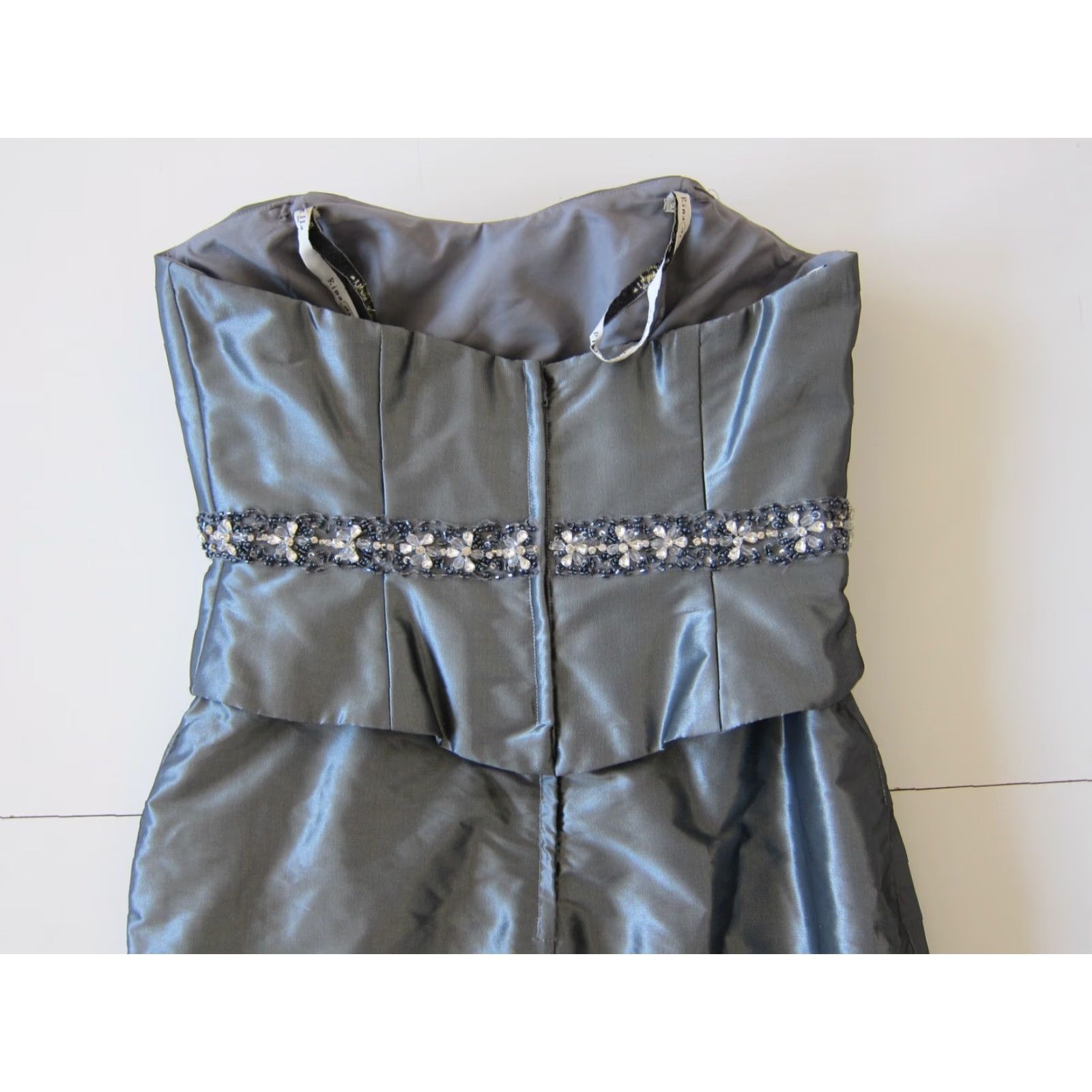 Vintage Rina Di Montello Blue Grey Satin Jewel Diamond Strapless Formal Party Dress 8 Size XS / US 0-2 / IT 36-38 - 6 Thumbnail
