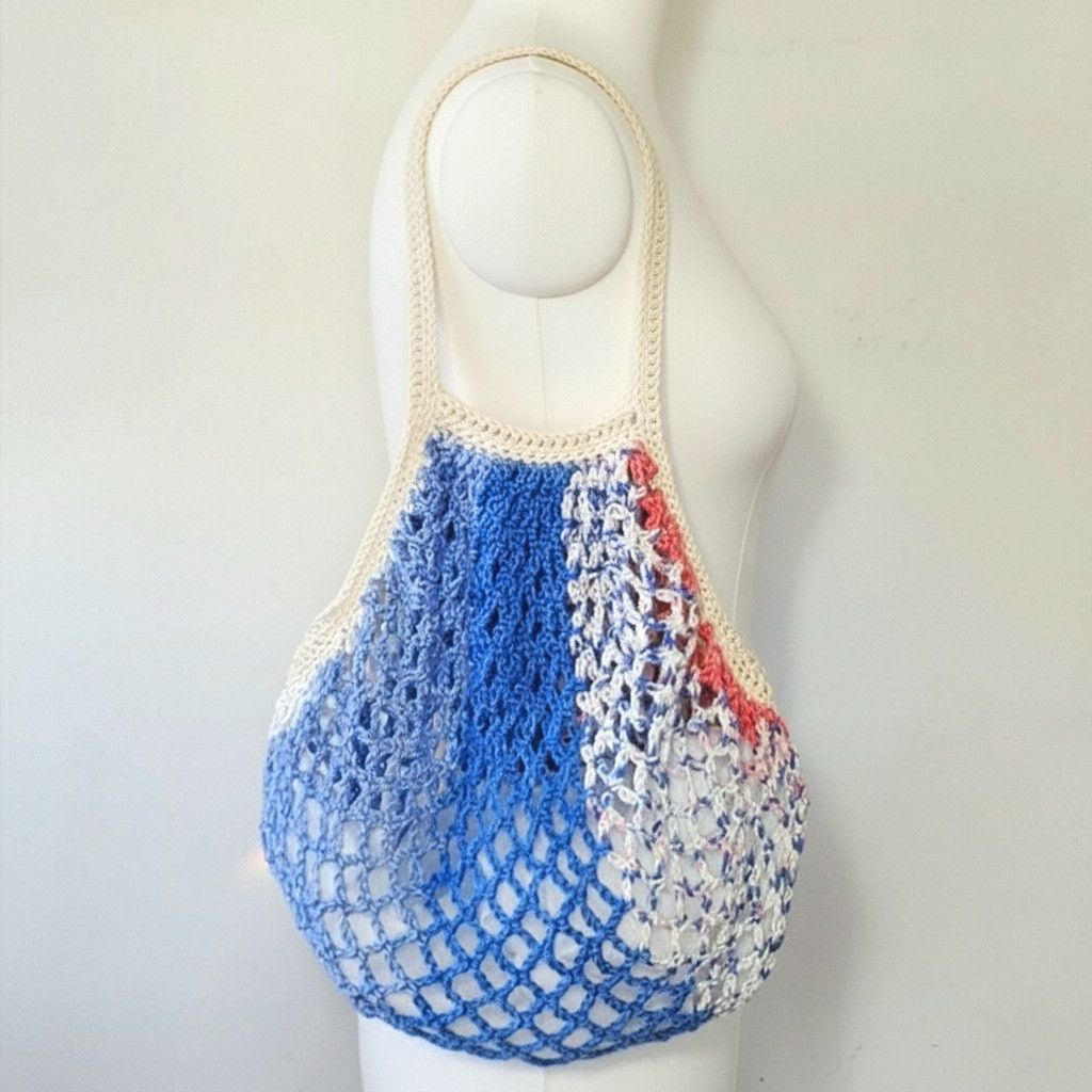 Handmade Handmade Blue Farmers Market Bag Crochet French Net Sack Size ONE SIZE - 4 Thumbnail