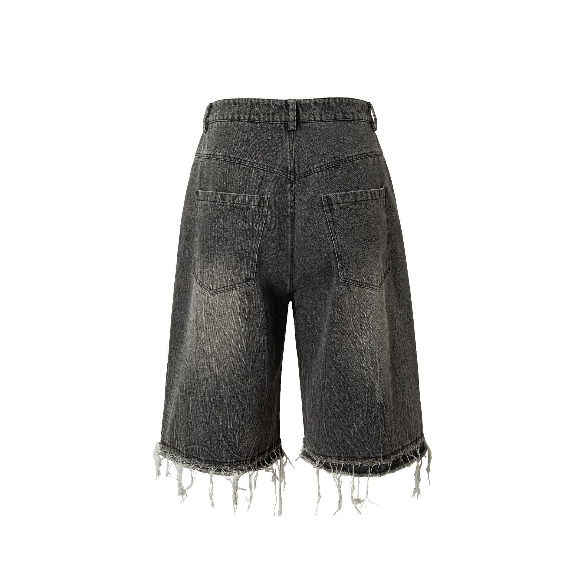 Anime Distressed Tassel Knee Broken Black Short Jeans Size US 32 / EU 48 - 3 Thumbnail