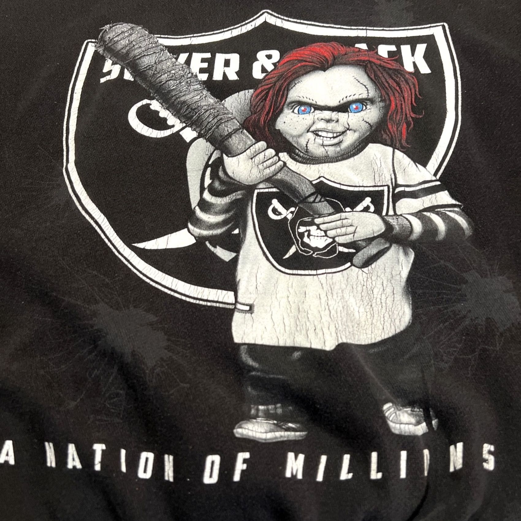 NFL Raider Black Silver Nation Chuckie Sweatshirt Men 2XL Hoodie NFL Graphics Faded Pullover Size US XXL / EU 58 / 5 - 2 Thumbnail