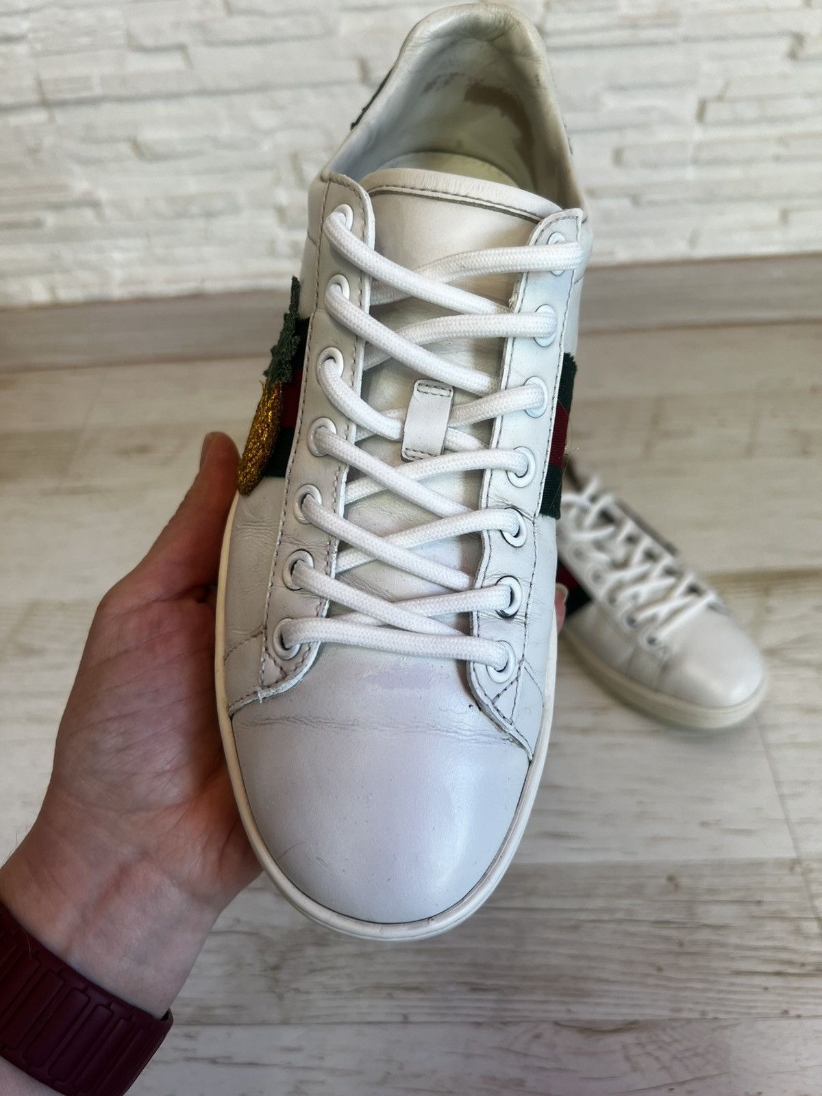 Gucci Gucci Ace Pineapple Ladybug Embroidered Leather Sneakers Size US 6.5 / IT 36.5 - 10 Thumbnail