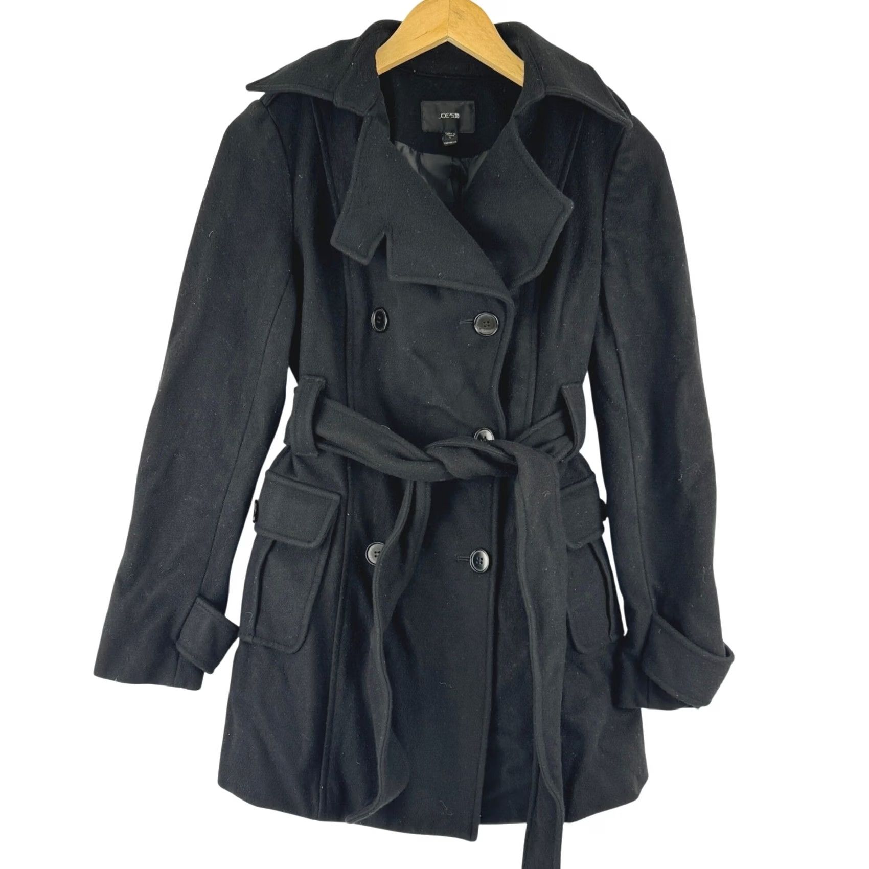 Vintage Joe's Jeans Black Wool Cashmere Blend Double Breasted Belted Trench Coat Small Size 28" / US 6 / IT 42 - 2 Thumbnail