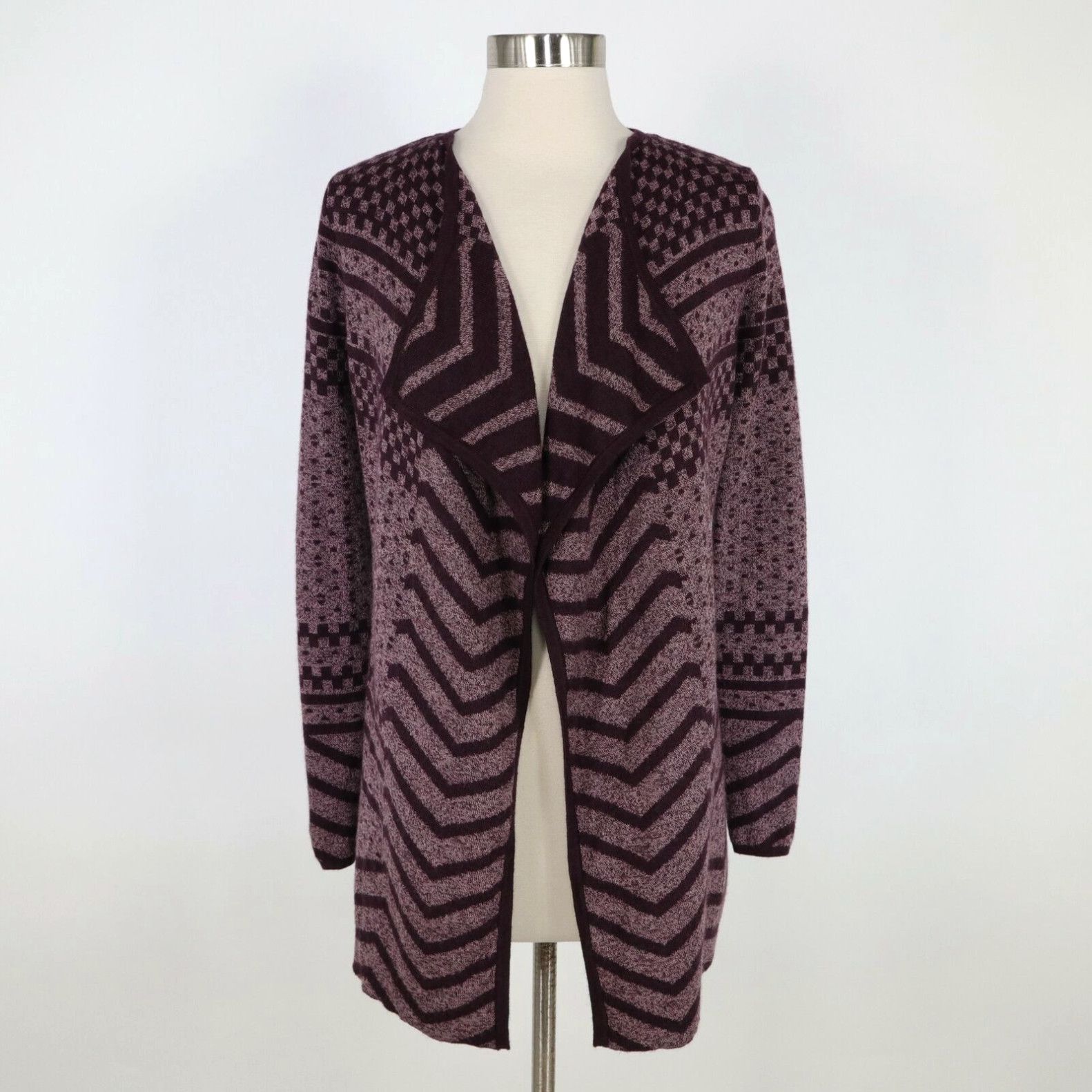 image of Vintage Smartwool Cardigan Sweater Avion Womens Xs Draped Wrap Open Purple Ridge Pattern in White