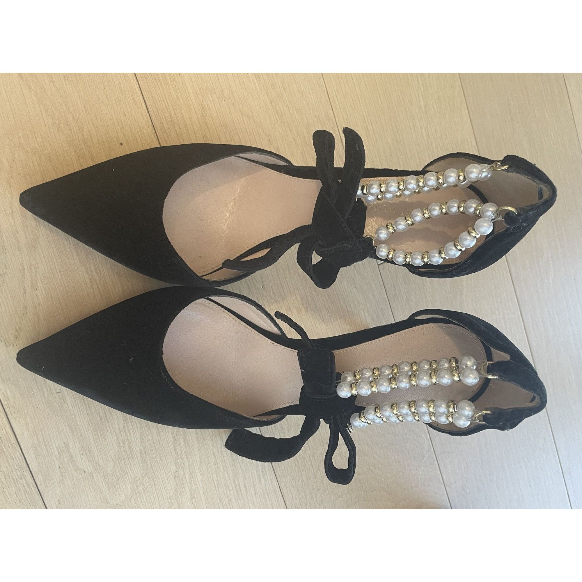 Stuart Weitzman Stuart Weitzman Black Velvet Pearl-Embellished Ankle Tie Poi Size US 7 / IT 37 - 3 Thumbnail