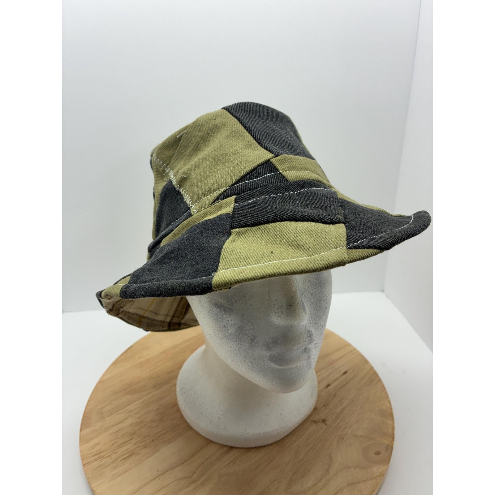 Other Green & Black Patchwork Bucket Hat, Upcycled Denim Cotton Size ONE SIZE - 18 Thumbnail