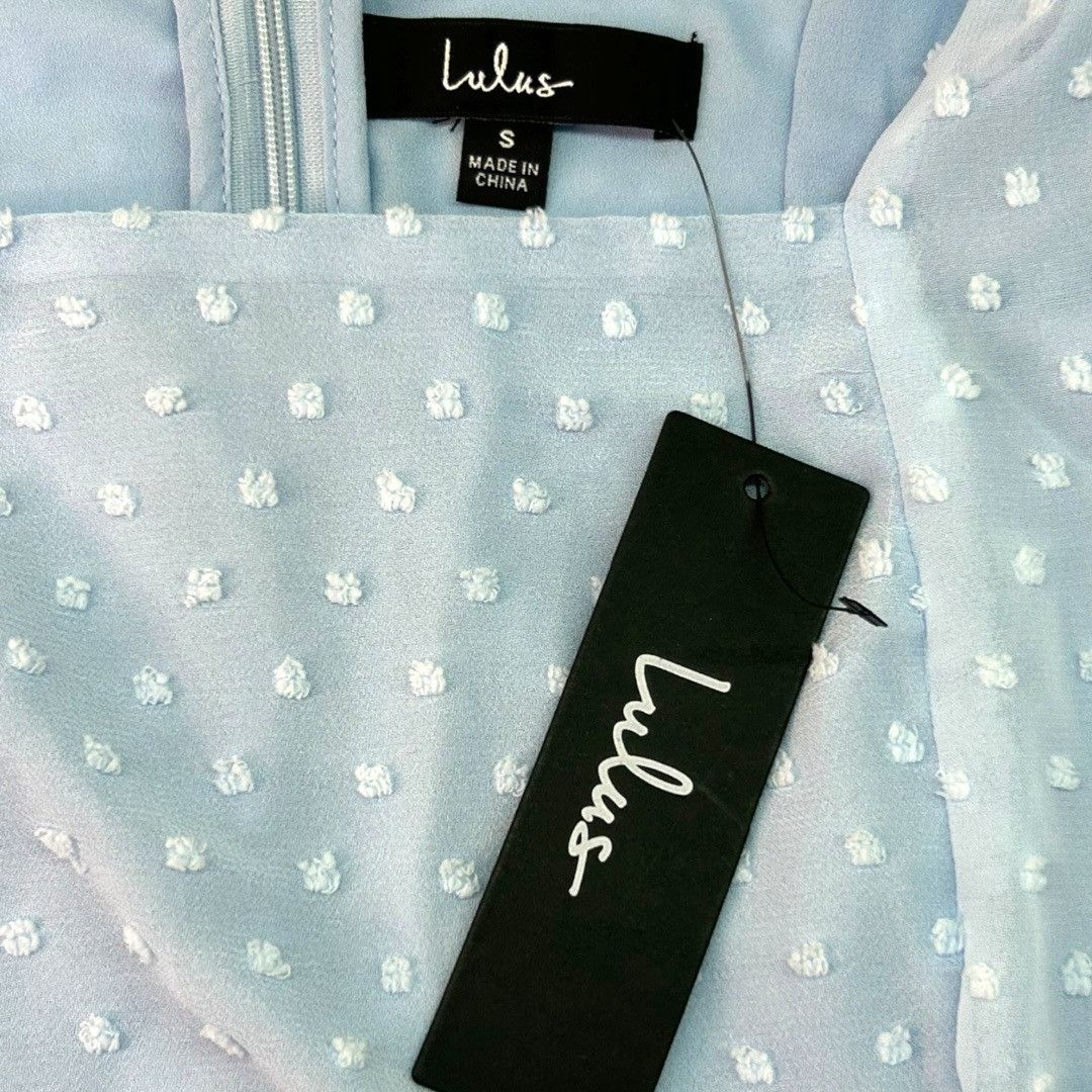 Lulus NWT Lulus Bimini Periwinkle Blue Swiss Dot Tie-Strap Midi Dr Size S / US 4 / IT 40 - 6 Thumbnail