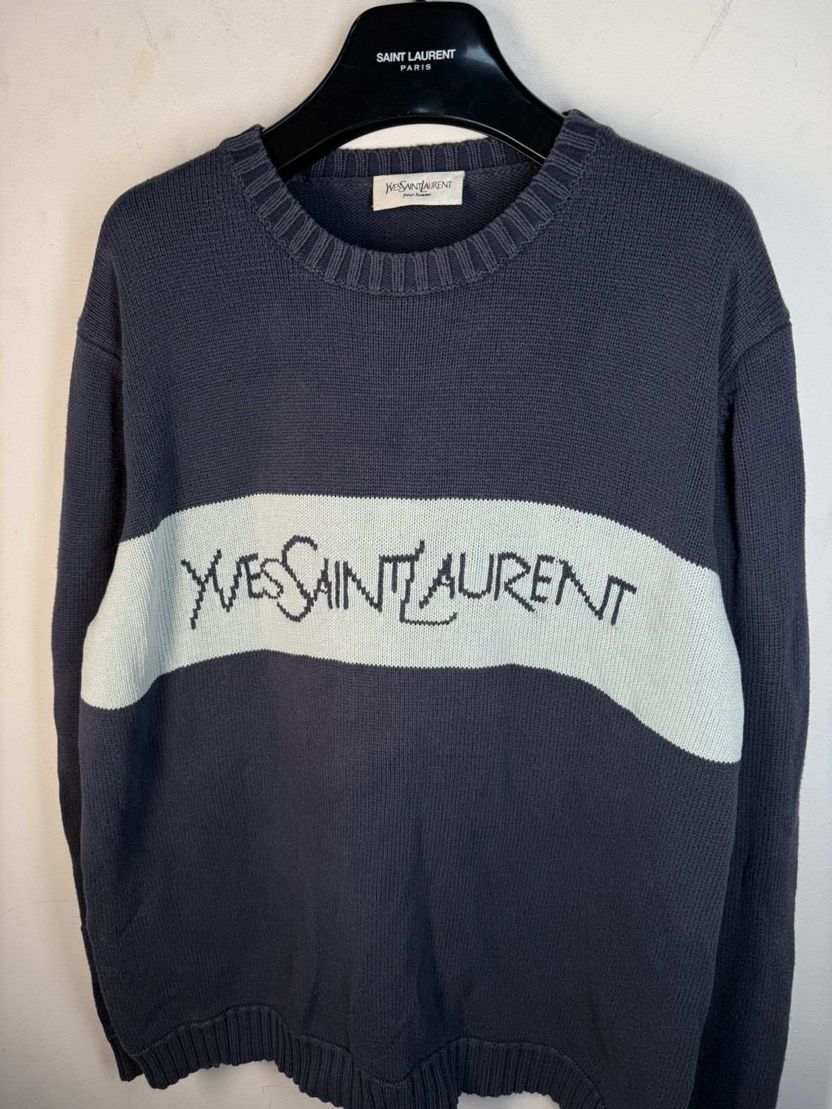 Yves Saint Laurent Royal Blue YSL Sweater Knit Big Logo Vintage Sweatshirt Rare Size US L / EU 52-54 / 3 - 17 Thumbnail