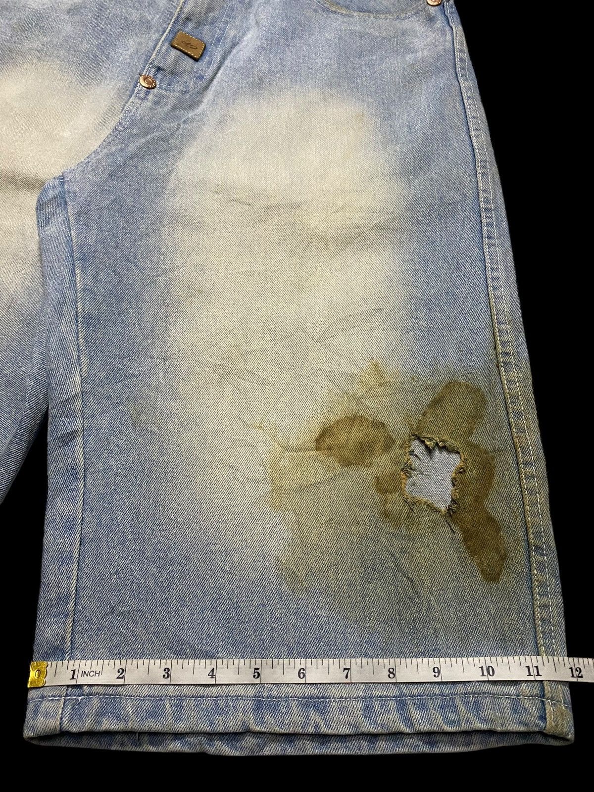 Bob Marley Baggy Vintage Hemp Blue Denim Shorts With Unique Stains Find Size US 31 - 17 Thumbnail
