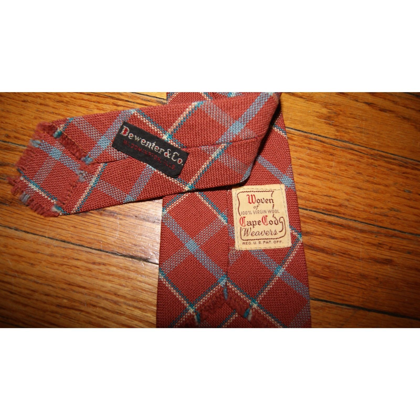 Vintage 1930s VTG TARTAN WOOL TIE CAPE COD Orange Blue Ivory Plaid Size ONE SIZE - 4 Thumbnail