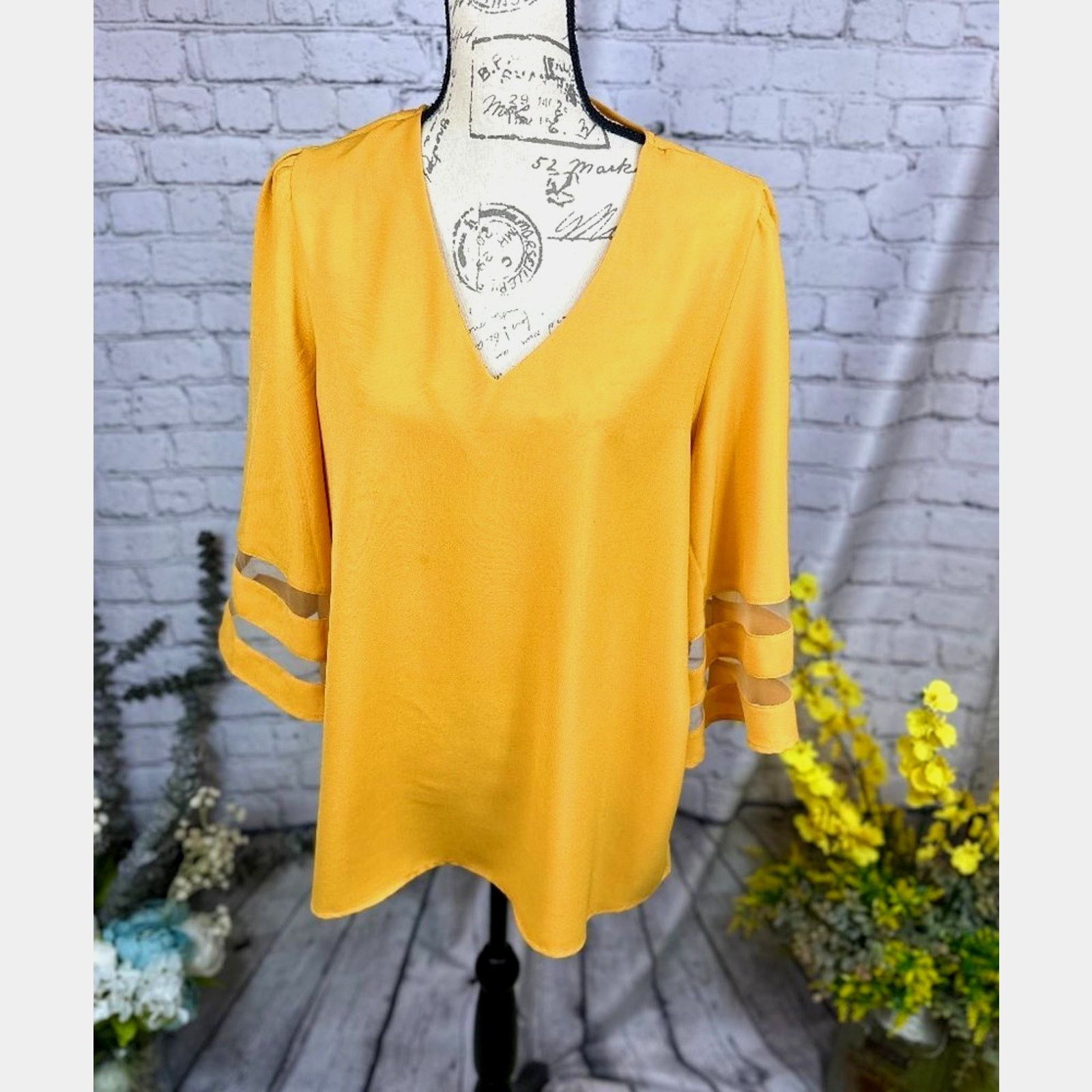Other Casual V Neck 3/4 Bell Sleeve Mesh Panel Blouse Golden XL Size XL / US 12-14 / IT 48-50 - 9 Thumbnail