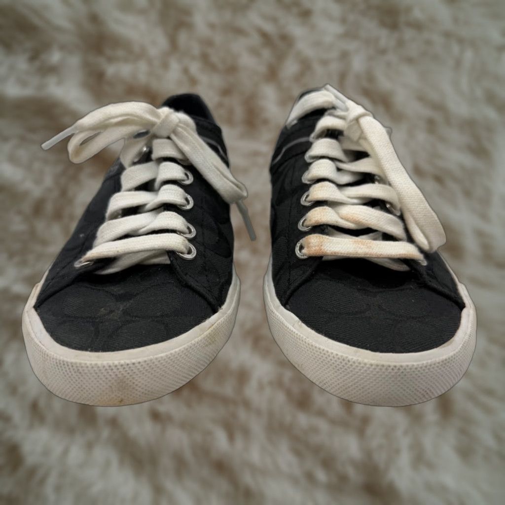 Coach Coach Womens Lesley Sneakers Size 6.5 B Black Logo Print Lace Up Canvas Shoes Size US 7 / IT 37 - 1 Thumbnail