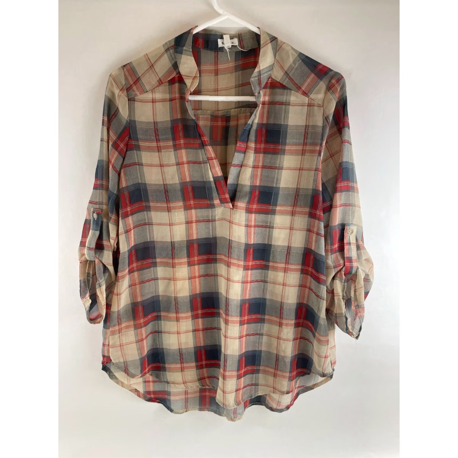 Vintage TeenBell Shirt Women's Medium T-Shirt Plaid 3/4 Sleeve Red Tan Blue Semi Sheer Casual Fall Modern Womens Size M / US 6-8 / IT 42-44 - 2 Thumbnail