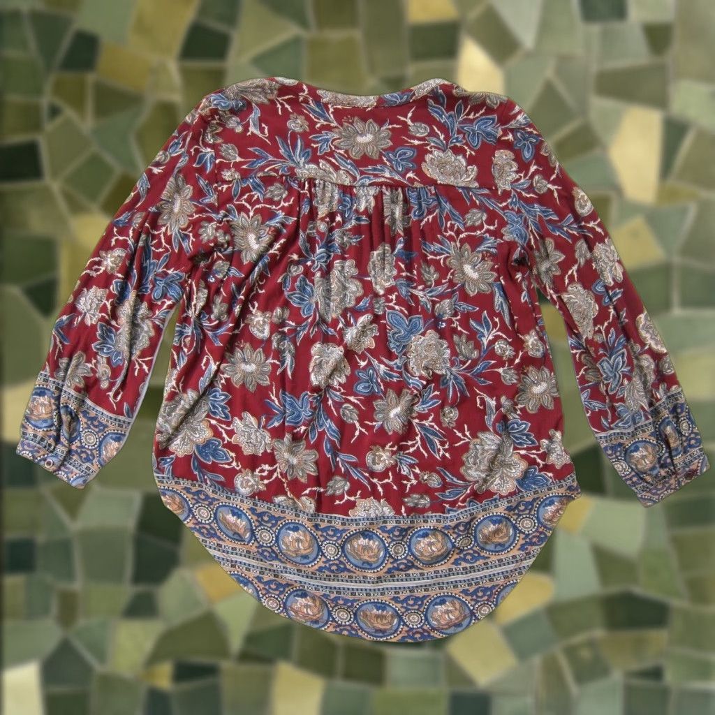 Lucky Brand Lucky Brand Blouse Paisley Floral Long Sleeve Tunic S Red Blue 100% Rayon Jersey Womens XS Size S / US 4 / IT 40 - 1 Thumbnail