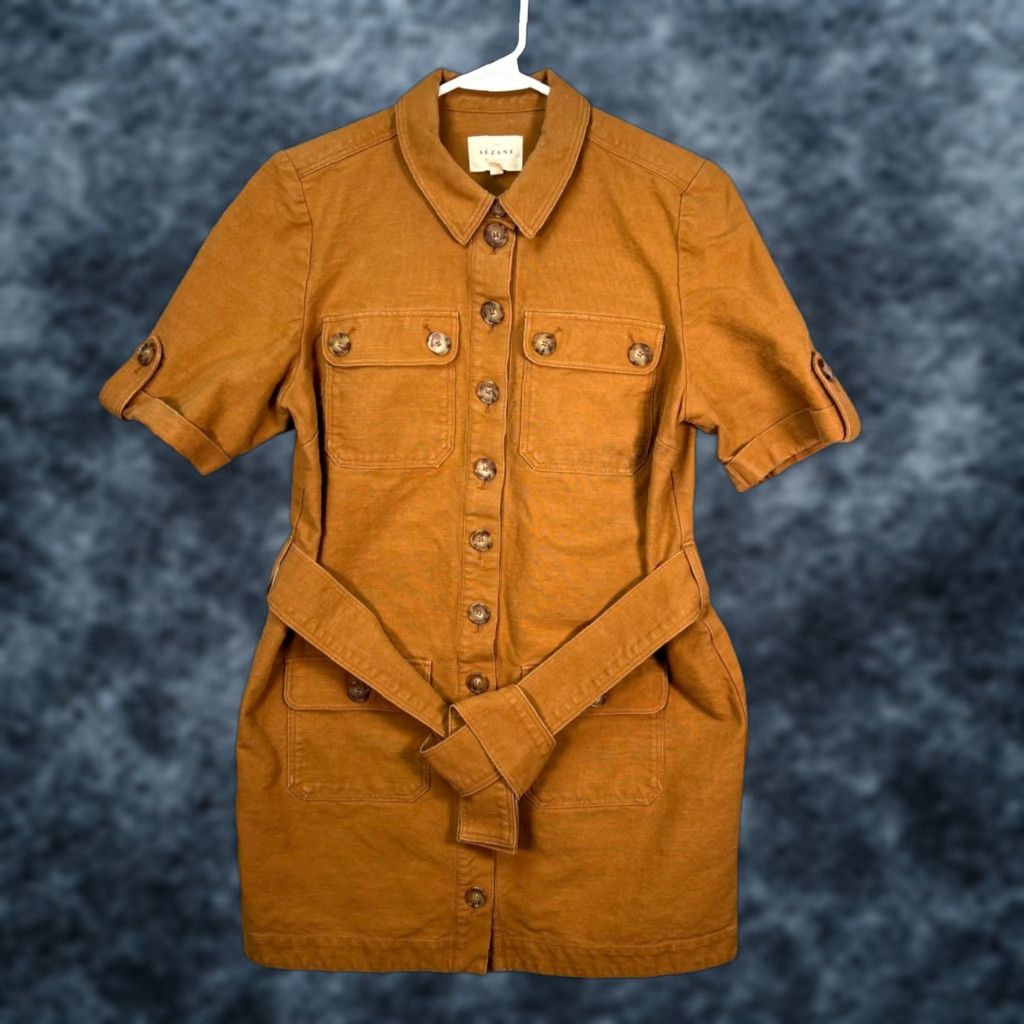 Vintage Sezane Shirt Dress Brown Cotton Button Front Short Sleeve Collared Belt Women's 38 Vintage No? Size XS / US 0-2 / IT 36-38 - 1 Thumbnail