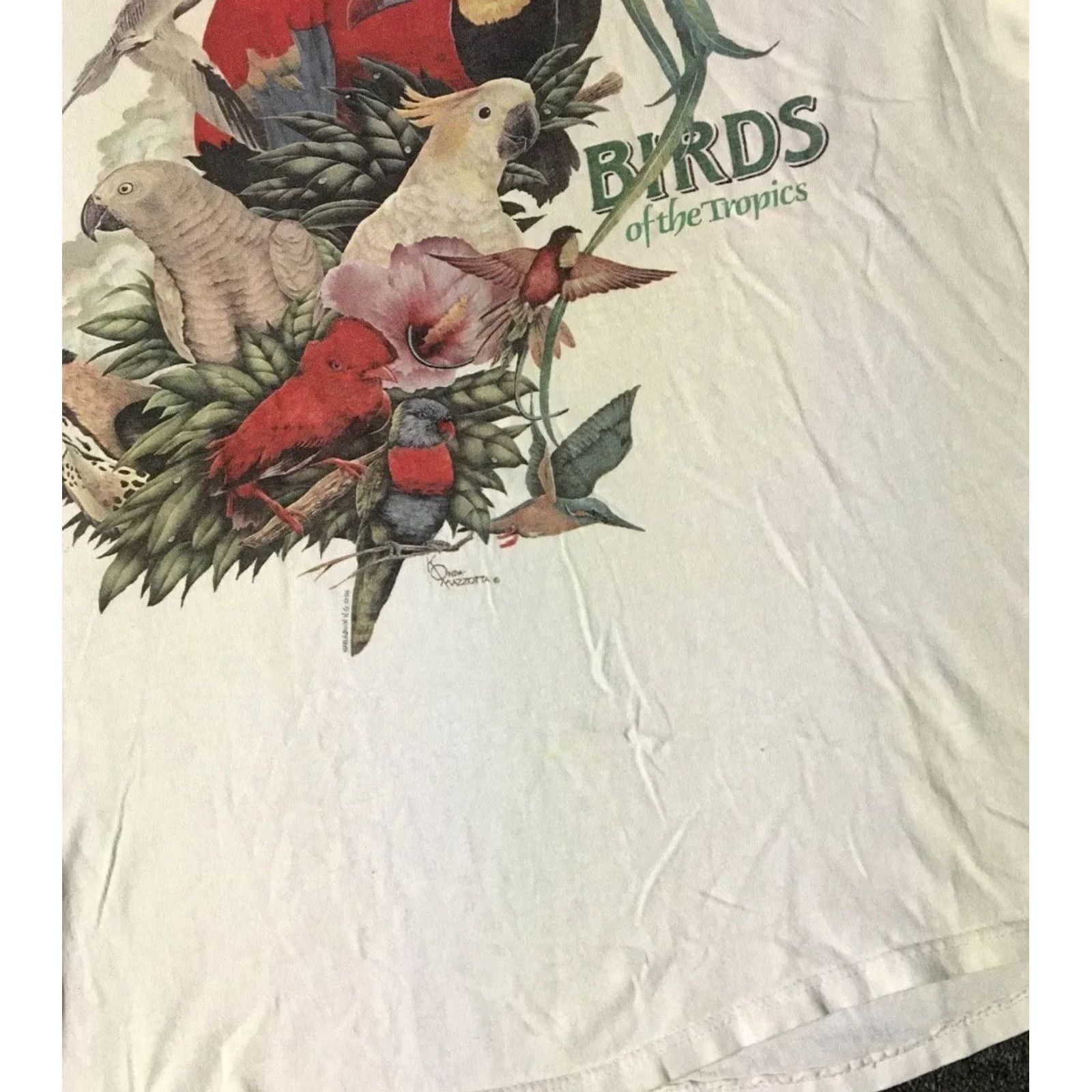 Vintage VINTAGE Birds Of The Tropics T-Shirt XL White Short Sleeve Stedman 80s 90s Grunge Distressed Single Stitch Nature Art Mens Size US XL / EU 56 / 4 - 6 Thumbnail