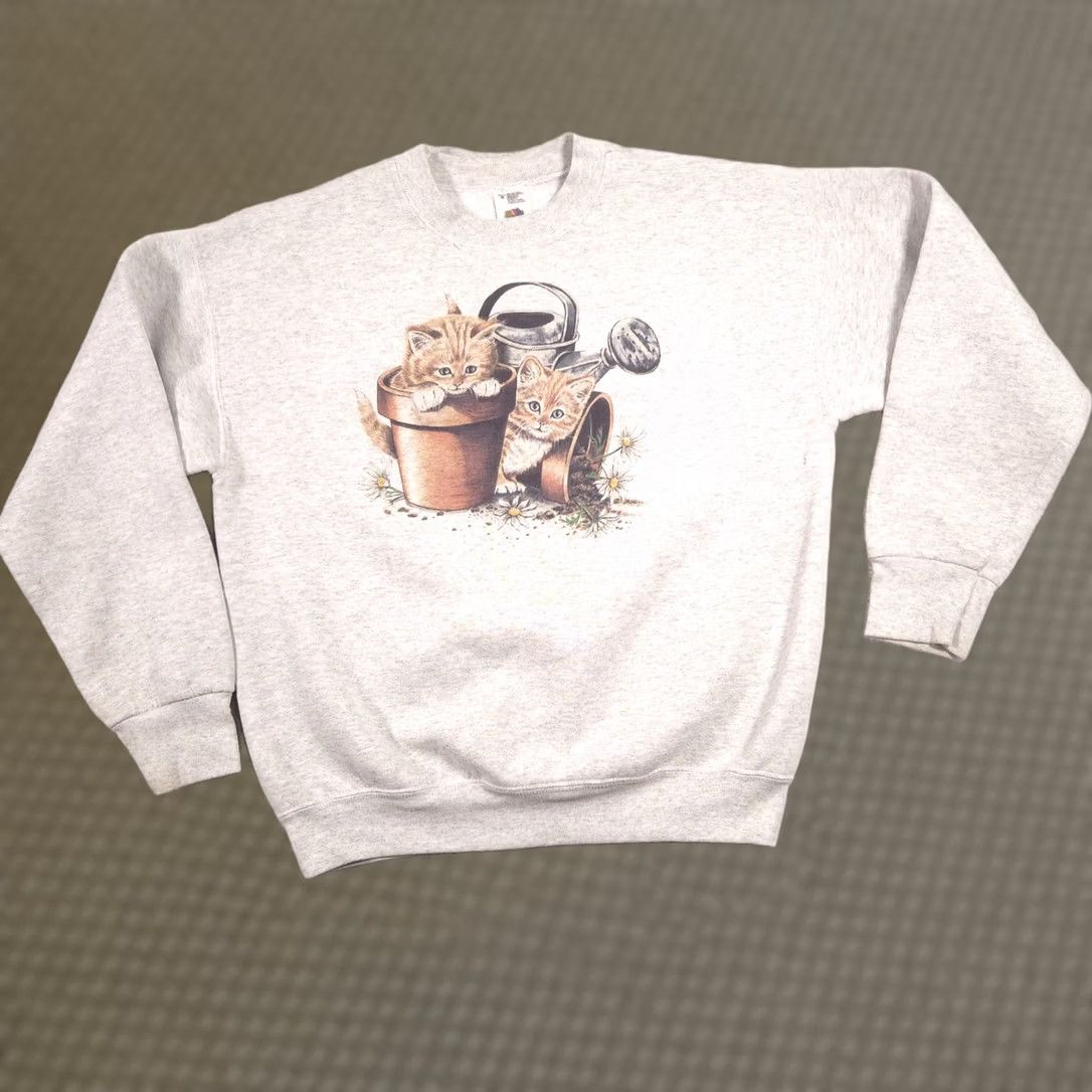 Fruit Of The Loom Fruit of the Loom Sweatshirt Womens M Gray Kitten Flower Pots Graphic Size M / US 6-8 / IT 42-44 - 1 Thumbnail