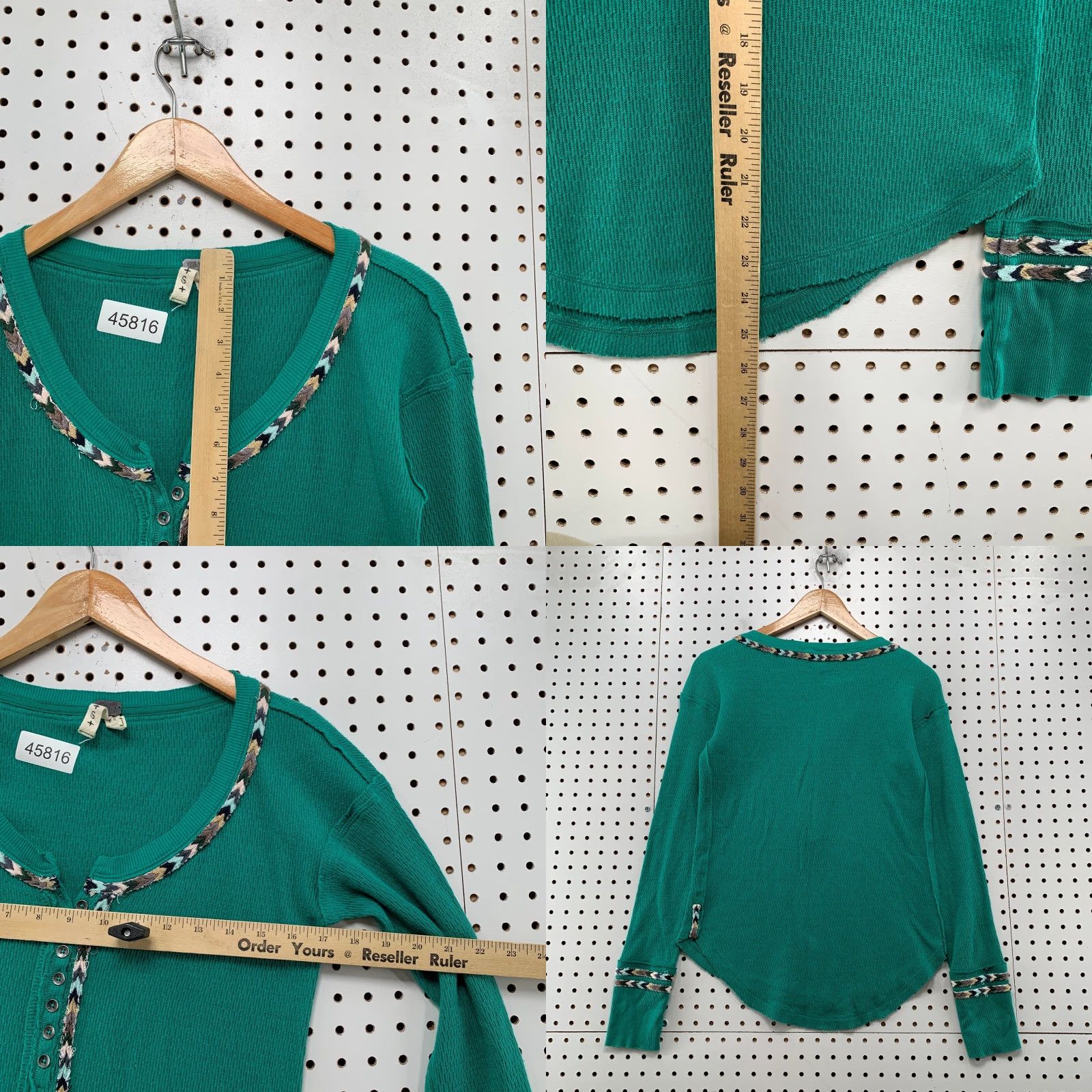 Free People Free People We The Free Henley Thermal Top Womens Small Green Knit Embroidered Boho Shirt Size S / US 4 / IT 40 - 8 Thumbnail