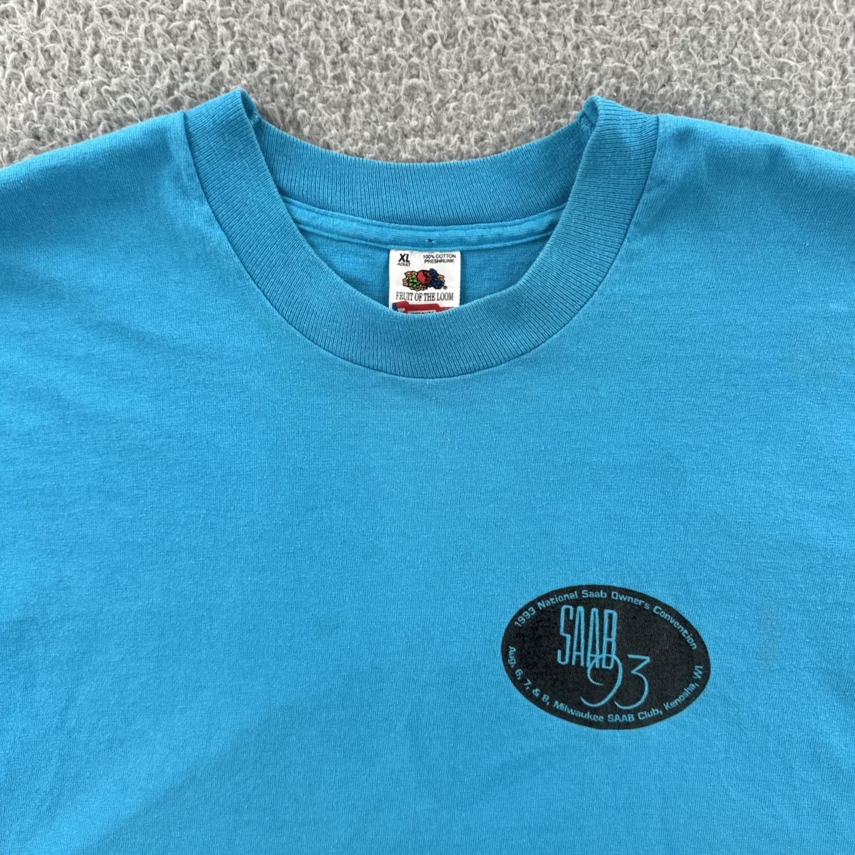 Fruit Of The Loom VINTAGE Fruit of the Loom XL Crew Neck T-Shirt Mens USA 1993 SAAB Convention Blue Size US XL / EU 56 / 4 - 6 Thumbnail
